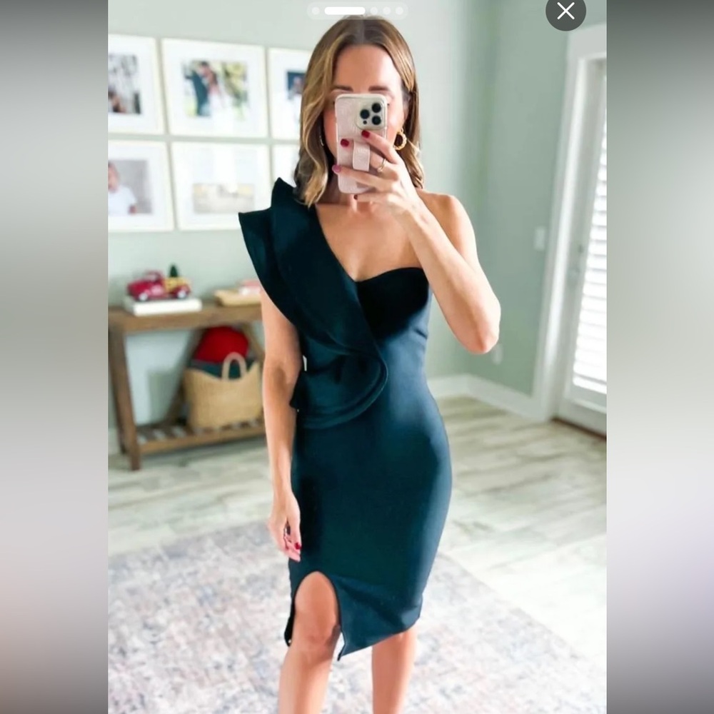 Black one shoulder ruffle party dress, size S, NWOT